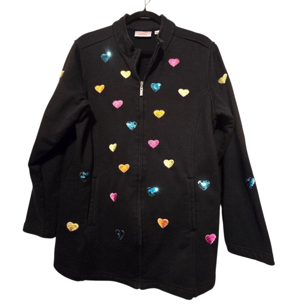 Vtg Quacker Factory Hearts Jacket Womens‎ LG Fleece Embroidered Sequins Colorful